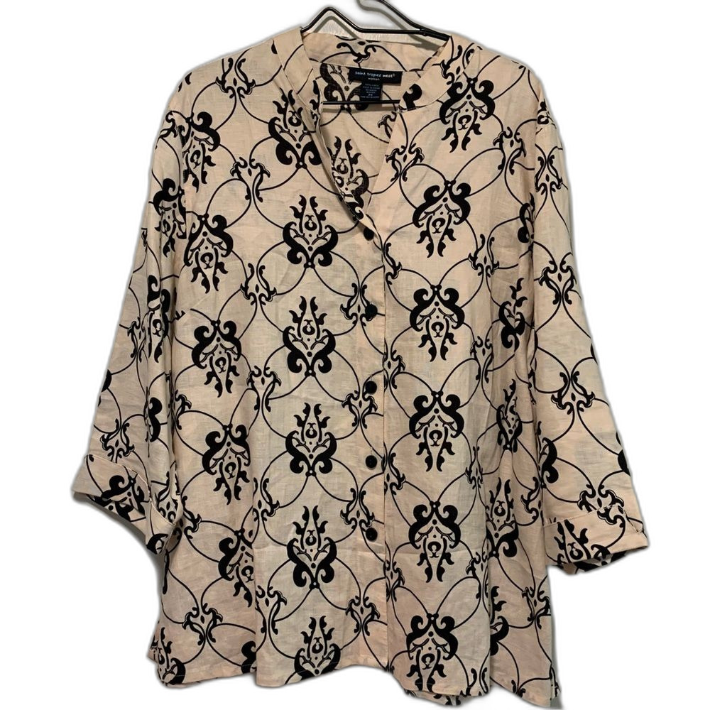 Saint Tropez West cream black Fleur-de-lis print linen tunic top size 2x